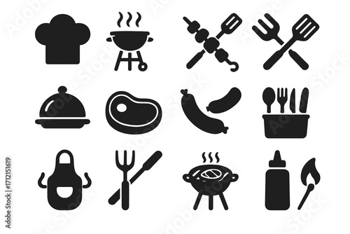 Barbecue and grilling solid icon set. Cooking food and chef tools collection. Vector glyphs for picnic and outdoor kitchen. Steak, sausage, kebab and grill symbols.