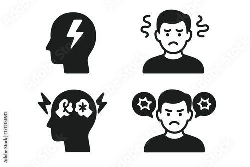 Stress and anger solid icon set. Mental health, conflict, emotion symbols. Psychology concept vector. Anxiety, frustration, headache, bad mood, aggressive behavior icons.