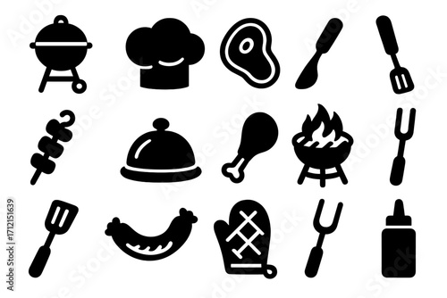 Barbecue and grilling solid icon set. Vector collection of cooking symbols including grill, steak, sausage, chef hat, spatula, and fork for an outdoor picnic or restaurant menu.