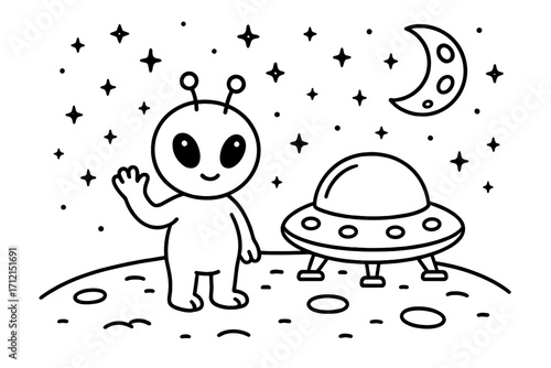 Cute alien waving on a planet with a spaceship. UFO in space. Outline vector cartoon for a coloring book page. Friendly extraterrestrial character, sci-fi doodle art.