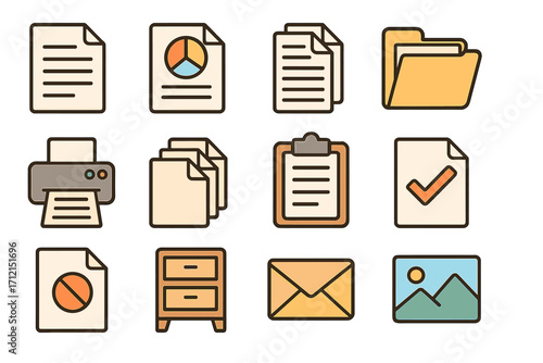 Office essentials icon set. Document management, file organization. Vector cartoon illustration for business workflow, printing, data analysis, paperwork, archive concept.