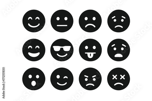 Emoji solid icon set. Simple black glyph emoticons with different expressions. Vector cartoon faces showing various moods and emotions like happy, sad, angry, cool, and dead.