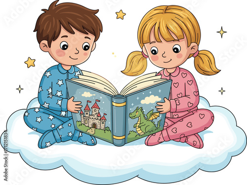 “Two children reading bedtime story on fluffy cloud with stars, pajamas, castle and dragon fantasy illustration for kids”
