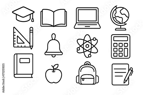 Education and study outline icon set. School supplies, learning, and stationery collection. Vector symbols for knowledge, university, back to school, science, and math.