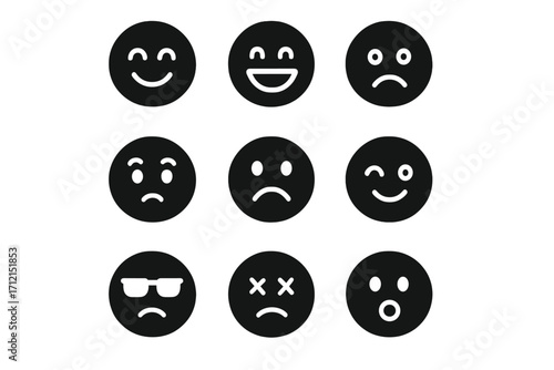 Emoji expression solid glyph icon set. Emoticon mood and emotion faces collection. Black and white smiley face silhouette vector. Happy, sad, cool, dead, wink icons.