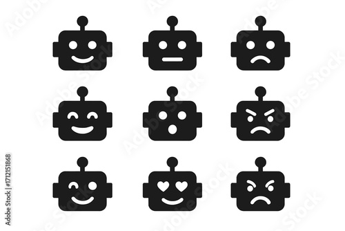 Robot emoji solid icon set. Chatbot character face with expressions. Android head emotion collection. Happy, sad, angry mood for UI. Vector glyph avatar symbol pack.