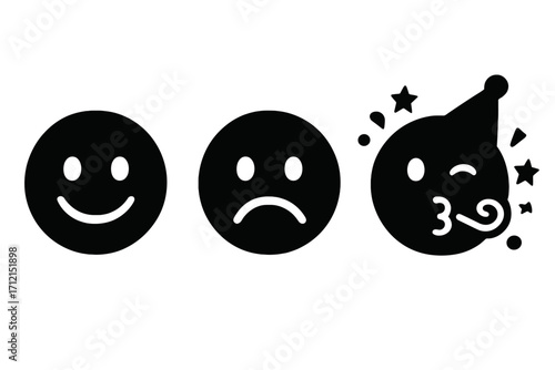 Vector emoji silhouette icon set with smiley, sad, and party moods. Fun cartoon expressions for graphic design. Happy and unhappy face symbols for emotional feedback concept.