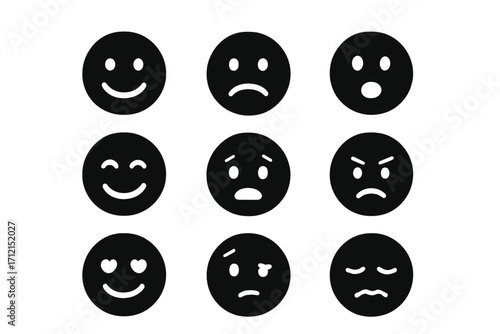 Emotion and mood silhouette icon set. Vector feelings and expression symbols for communication. Happy, sad, angry and love face icons for feedback, rating or chat.