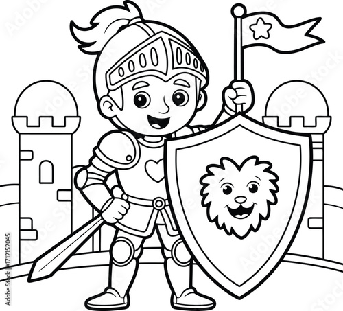 Cute cartoon knight in armor holding a shield with a lion emblem and a flag in front of a castle