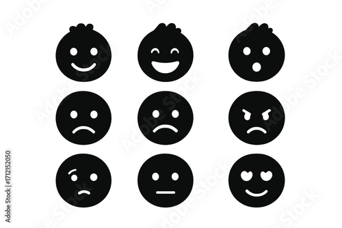 Vector feelings and expression face icons. Simple communication symbols. Cartoon emoticon silhouette set for mood feedback. Happy, sad, angry, love character avatar icons.