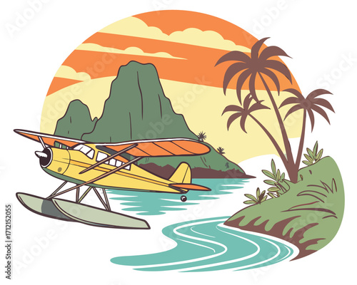 A seaplane with yellow and orange wings landing on crystal clear water near a tropical island with lush green palm trees, rocky cliffs, and a bright sunset in the background.