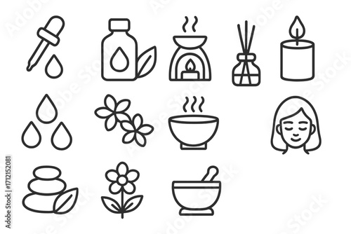 Essential oils aromatherapy outline icon set. Wellness, spa, health vector icons. Natural therapy, relax, meditation, massage and beauty symbols. Linear pictogram collection.