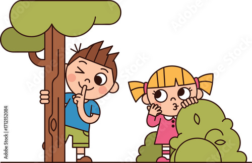 Children playing hide and seek, cartoon kids illustration, playful boy and girl, childhood fun, outdoor game, friendship, imagination, joyful activity, nature scene