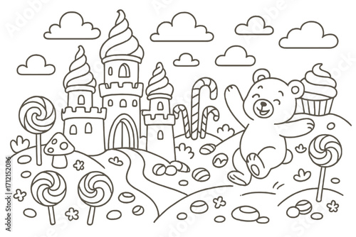 Candyland coloring page vector. Cute bear in fairytale candy kingdom. Line art illustration with sweet castle, lollipops, cupcake. Fantasy food landscape for kids activity.