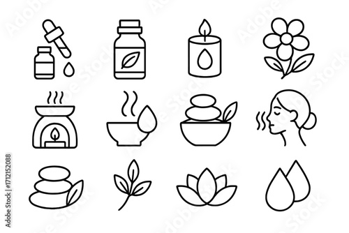 Essential oils and aromatherapy outline icon set. Vector symbols for spa, wellness, health, and beauty. Collection of relaxation, meditation, diffuser, and zen items.