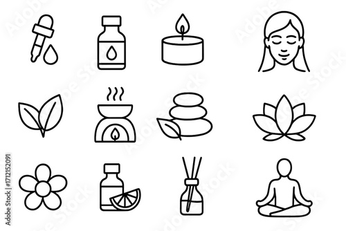 Essential oils aromatherapy outline icon set. Wellness, spa, health vector collection. Symbols for beauty, relaxation, yoga, meditation. Includes diffuser, candle, zen, lotus.
