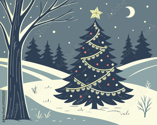 A magical Christmas night scene with a decorated tree in the forest, glowing lights, woodland animals gathered around, snow gently falling, and a golden star shining at the top of the tree.