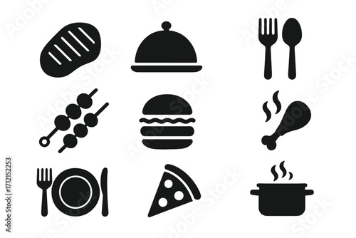 Food and cuisine silhouette icon set. Vector collection of dining, restaurant, and menu symbols. Includes grilled meat, steak, burger, pizza, kebab, and chicken icons.