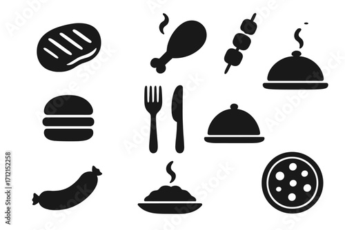 Food silhouette icon set. Cuisine, dining and restaurant symbols. Grilled meat, steak, chicken, burger, pizza, sausage and kebab. Vector graphic elements for menu design.