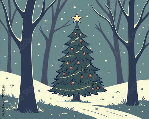 A magical Christmas night scene with a decorated tree in the forest, glowing lights, woodland animals gathered around, snow gently falling, and a golden star shining at the top of the tree.