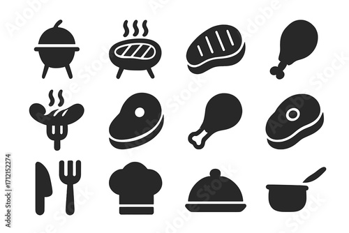 Food and cooking solid icon set. Grilled steak and meat icons collection. Vector symbols for barbecue, restaurant menu, grill, chicken, sausage, chef, and kitchen design.