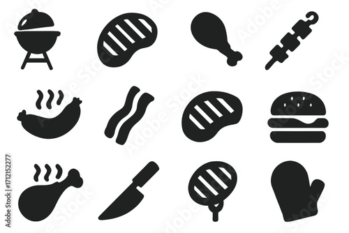 Barbecue and grill solid icon set. Meat, food and cooking glyph icons collection. Vector illustration of steak, chicken, sausage, bacon, burger for web and mobile.