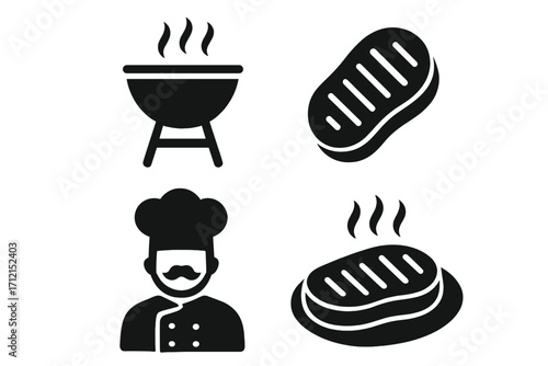 Barbecue and grilling glyph icon set. Chef, cook, BBQ grill, beef steak, and hot meal icons. Solid vector symbols for restaurant menu, steakhouse, butcher shop, and cooking.
