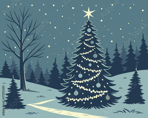 A magical Christmas night scene with a decorated tree in the forest, glowing lights, woodland animals gathered around, snow gently falling, and a golden star shining at the top of the tree.