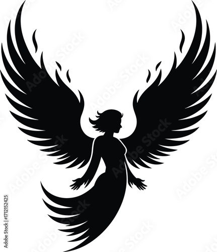 Black silhouette of a winged female figure with flowing dress and fiery wings woman angel