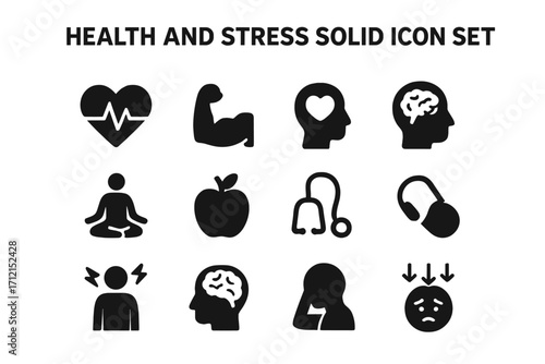 Health and stress solid icon set. Physical and mental wellness signs collection. Vector icons for depression, anxiety, medical care, yoga and healthy lifestyle pictogram.