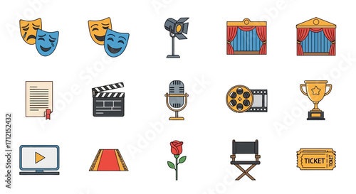 Collection of colorful theater and cinema related icons.