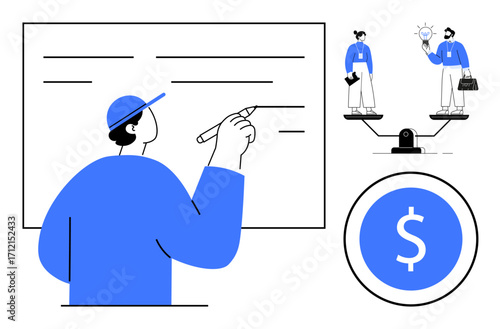 Person writing on board, two figures on balance with lightbulb and briefcase, dollar sign coin. Ideal for strategy, decision-making, teamwork, budgeting, business planning, equality simple flat