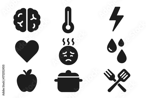 Health, stress and cooking solid icon set. Vector symbols for mental health, psychology, food and nutrition. Brain, heart, fever, temperature, energy and medical concepts.