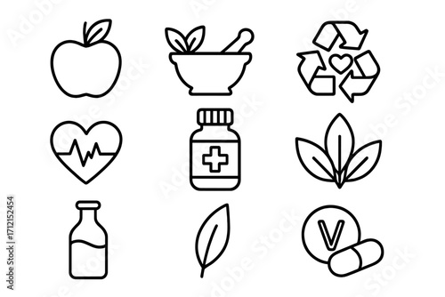 Health and wellness line icon set. Vector symbols for organic food, herbal medicine, vitamins, supplements, eco lifestyle, pharmacy, and healthcare concepts.