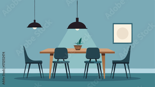 A dining area with a wooden table and modern black chairs. A simple pendant light hangs above the table.