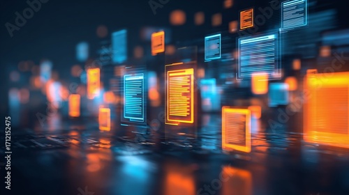 Digital documents floating in a cyberspace environment, illuminated in blue and orange hues, suggesting information technology and data management.
