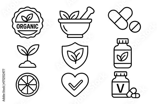 Health and wellness outline icon set. Organic food, herbal medicine, and vitamin symbols. Natural supplements, pharmacy, and healthy lifestyle vector logo illustration pack.