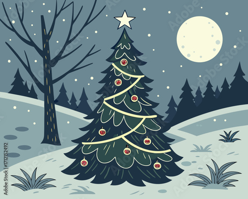A magical Christmas night scene with a decorated tree in the forest, glowing lights, woodland animals gathered around, snow gently falling, and a golden star shining at the top of the tree.