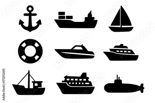 Marine transport silhouette icon set. Nautical boating symbols. Vector ship, boat, yacht, submarine, anchor, cargo ship, cruise liner, sailboat, fishing boat, speedboat.