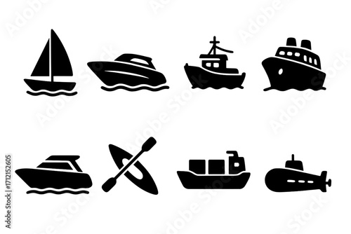 Marine transport silhouette icon set. Nautical boating symbols collection. Vector illustration of various watercraft: boat, ship, yacht, ferry, cargo, submarine, kayak.