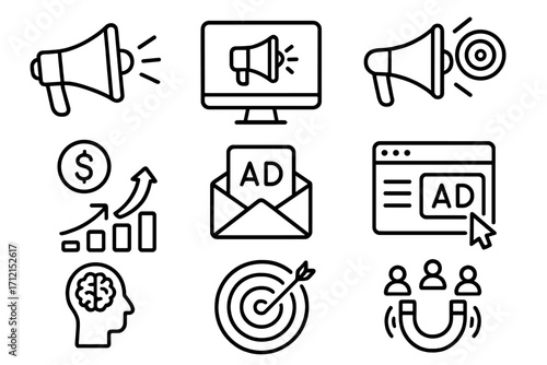 Marketing and promotion outline icon set. Digital advertising and campaign symbols. Icons for lead generation, targeting, strategy, ROI, sales growth, customer attraction.