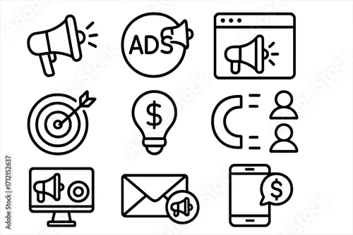 Marketing promotion outline icon set. Digital advertising and campaign symbols. Online business, communication, and target audience concept. Email and mobile ads vector.