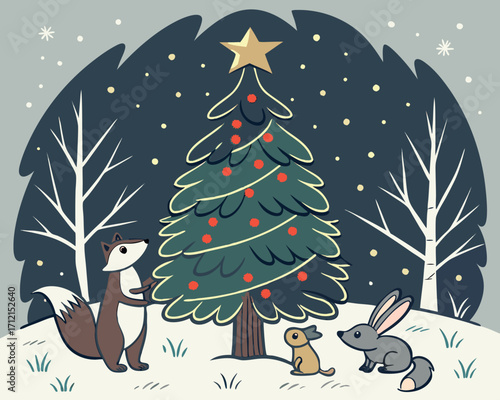 A magical Christmas night scene with a decorated tree in the forest, glowing lights, woodland animals gathered around, snow gently falling, and a golden star shining at the top of the tree.