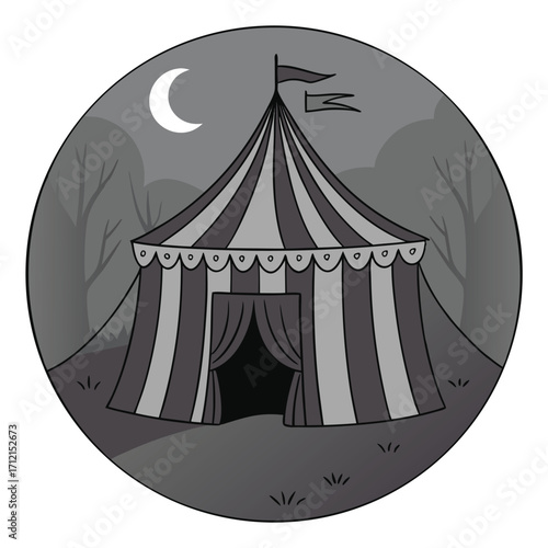 Spooky circus tent under a crescent moon at night with bare trees vector illustration