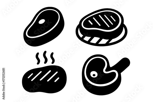 Meat steak silhouette icon set. Grilled cooking icons. Barbecue beef food symbol. Raw, cooked, grilled fillet, chop, and steak vector. Butchery logo & restaurant menu element.