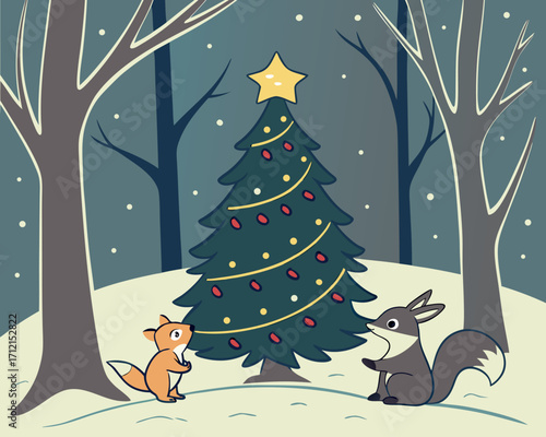 A magical Christmas night scene with a decorated tree in the forest, glowing lights, woodland animals gathered around, snow gently falling, and a golden star shining at the top of the tree.