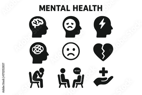 Mental health solid icon set. Psychology, depression, stress, anxiety concepts. Brain, mind, emotion, therapy, support, sad face, broken heart vector pictogram symbols.