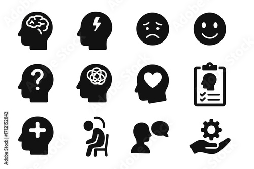 Mental health solid icon set. Psychology, emotion, and therapy symbols. Concepts of stress, depression, anxiety, wellness, support, counseling and positive thinking. Mind icons.