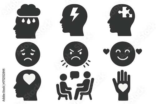 Mental health solid icon set. Psychology, therapy and emotions symbols. Depression, anxiety, stress, anger, love icons. Mind, brain, puzzle, support and counseling concepts.