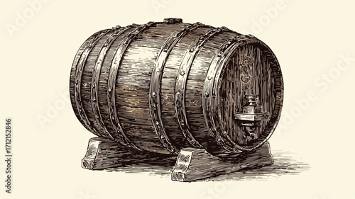 Hand Drawn Oak Wooden Barrel Engraving Sketch